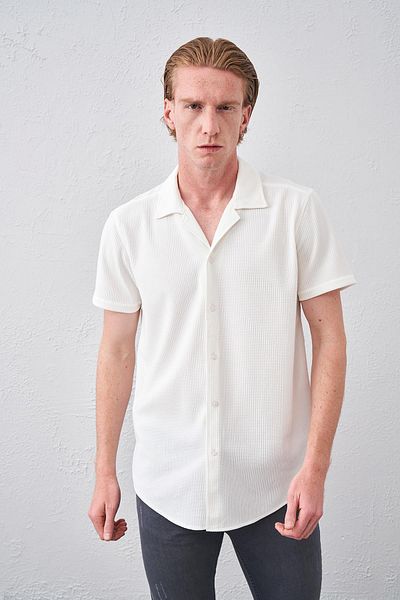 TENA Men's Ecru Short Sleeve Ottoman Fabric Apache Collar Shirt