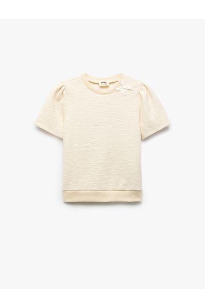 Koton Bow Detailed Crew Neck Short Sleeve Tweed Blouse