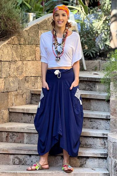 Nevin Kaya Moda Μπλε ναυτικό φούστα με κέντημα με τσέπες