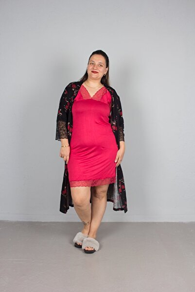 Truva XXL Large Size Sabal Flower Patterned Nightgown Red