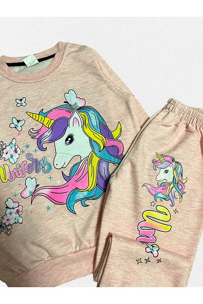 Fil Kids Girl's 100% Cotton Unicorn Horse Patterned Long Sleeve Pink Seasonal Tracksuit Set