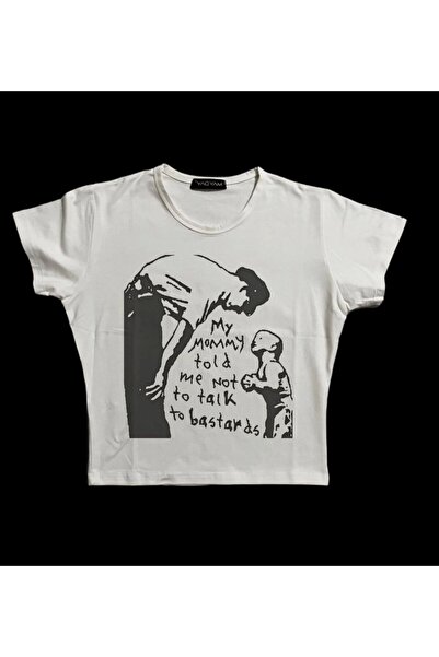 1blood Kadın Üste Oturan Kalıp Bel Boy Crop Baskılı Bisiklet Yaka Baby Tee