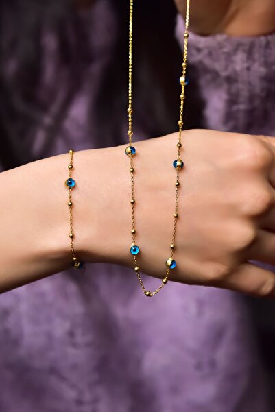 Papatya Silver 925 Ayar Gümüş Gold Kaplama Cam Göz Ve Top Kolye Bileklik Set