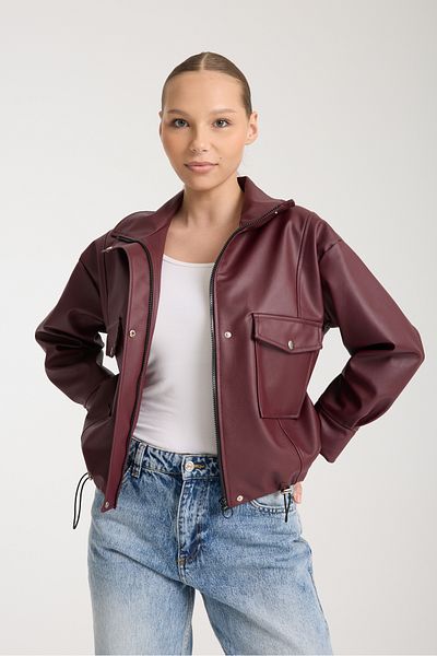 İLKCET MODA Jachetă oversize din piele artificială pentru femei cu fermoar