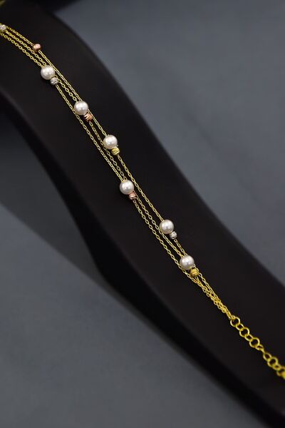 Papatya Silver 925 Ayar Gümüş Üç Renk Dorika Toplu Incili Üç Zincir Bileklik