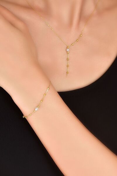 Papatya Silver 925 Ayar Gold Kaplama Dorika Toplu Incili Kolye Bileklik Set