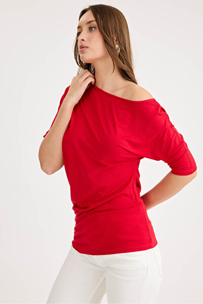 Vitrin Boat Neck Short Sleeve Modal Blouse