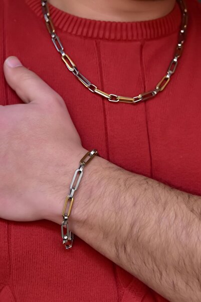 Papatya Silver Çelik Sarı-beyaz Çiftli Ataç Kolye Ve Bileklik Set