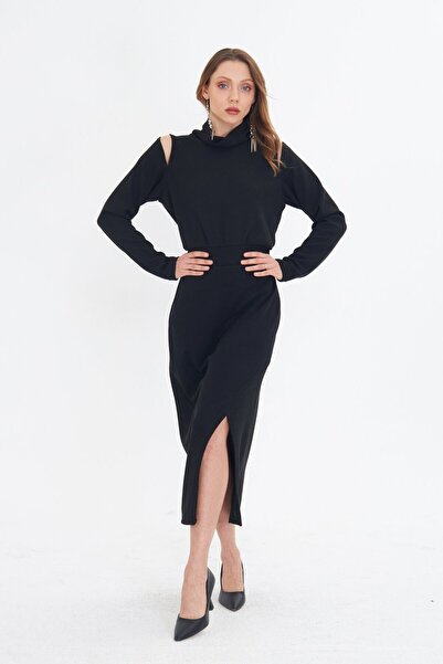 LAMANTE OMUZ DETAYLI SİYAH TRİKO ELBİSE