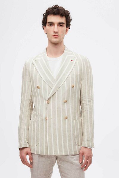 Twn Slim Fit Beige Dobby 100% Linen Double Breasted Fabric Jacket