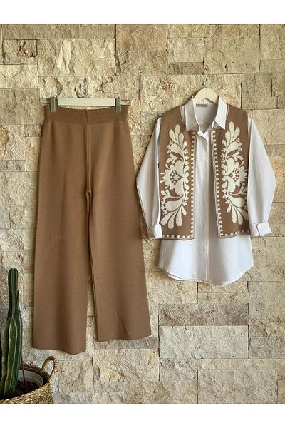 Hatun Atila Hatunatila Patterned Vest Knitwear Double Suit Camel - 3005