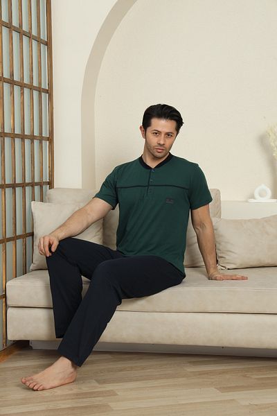 MODAREYA Short Sleeve Khaki Buttoned Collar Embroidered Men's Pajama Set