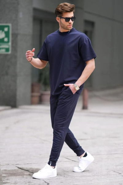 YAKAMEL Men's Navy Blue Waist High Combed Oversize Short Sleeve Tracksuit Set