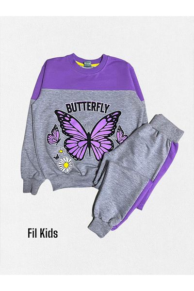 Fil Kids Girl's 100% Cotton Butterfly Daisy Patterned Long Sleeve Gray Purple Color Seasonal Tracksuit Set