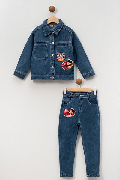 yns coolstar blugi din bumbac brodat Jachetă și pantaloni albastru închis Unisex Model Set 2 piese