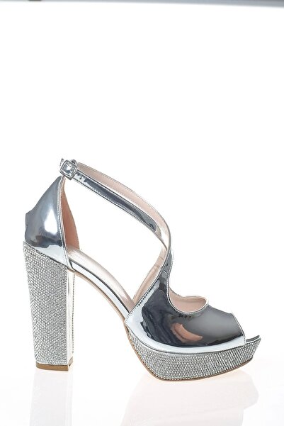 MFT AYAKKABI Kadın Arkası Kapalı Önü Açık Taşlı Platformlu Abiye Ayakkabı Gümüş