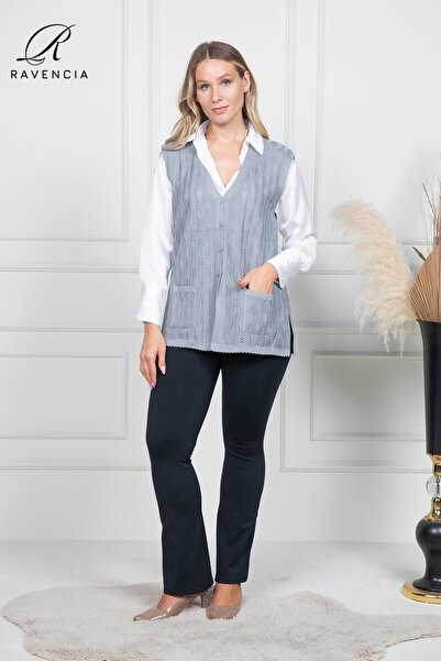 Ravencia Women's Thin Middle-Aged and Older Knitwear Knitted Buttoned Gray Mother Vest