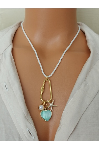 LemaStone ÇELİK CHARM ATAÇ MERCAN TAŞI KOLYE ;Opalit taşı kolye ucu ,larimar ...