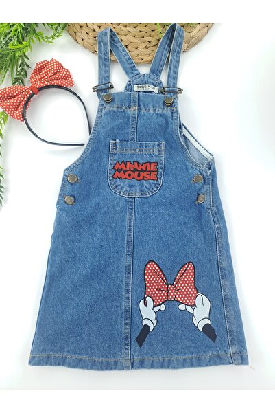 SAGO KİDS Kız Çocuk Kot Salopet Elbise Taç Aksesuralı İkili Takım Minnie Mous...