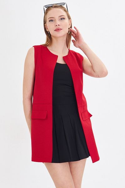 armonika Women's Red Crew Neck Vest with Stitching Detail on the Waist Arm-25Y 001019