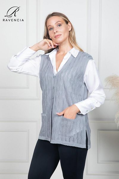 Ravencia Women's Thin Knitwear Knitted Buttoned Gray Mother Vest for Middle Ages and Above