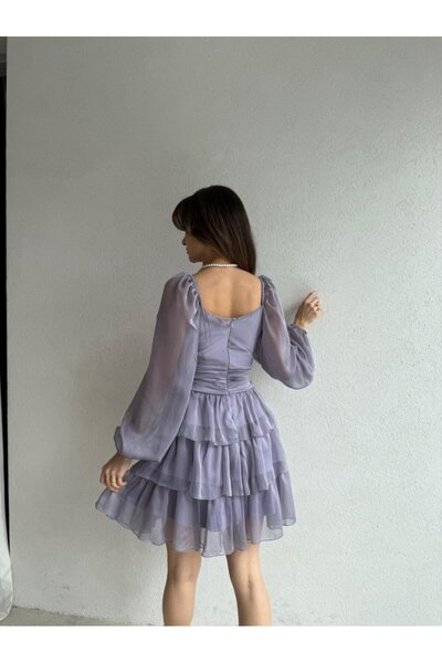 lolembutik Kadın Kare Yaka Kat Etekli Transparan Kollu Mini Şifon Elbise