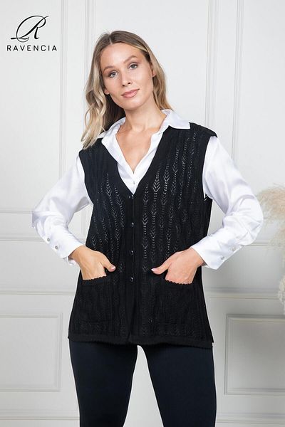 Ravencia Women's Thin Knitwear Knitted Buttoned Black Mother Vest for Middle Ages and Above
