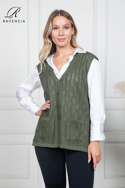 Ravencia Women's Thin Knitwear Knitted Buttoned Dark Khaki Mother Vest for Middle Ages and Above