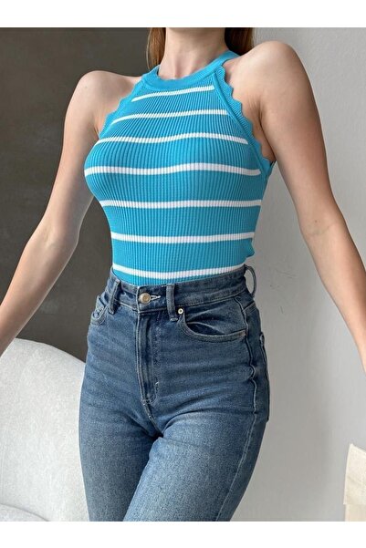 lovebox Жіноча смугаста еластична трикотажна тканина з воланами без рукавів, базова блуза 0298