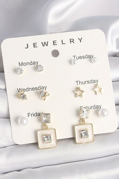 Clariss Brass Gold Color Zircon Stone Star Figure Hanging White Enamel Model 7 Piece Women's Earring Set