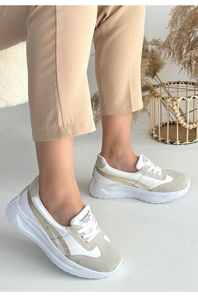 ED KLAS Zitta White Skin Gold Detailed Sports Shoes