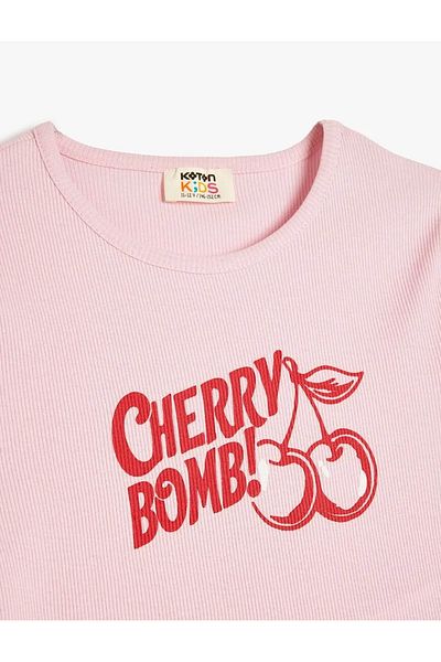 Koton Κοντό μανίκι με στάμπα Cherry, ροζ κοριτσίστικο μπλουζάκι με λαιμόκοψη 5skg10227ak