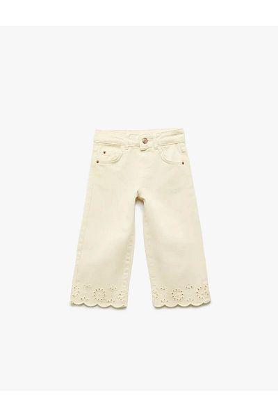 Koton Floral Patterned Embroidered Cotton Beige Baby Girl Jean Pants 5Smg40016Ad