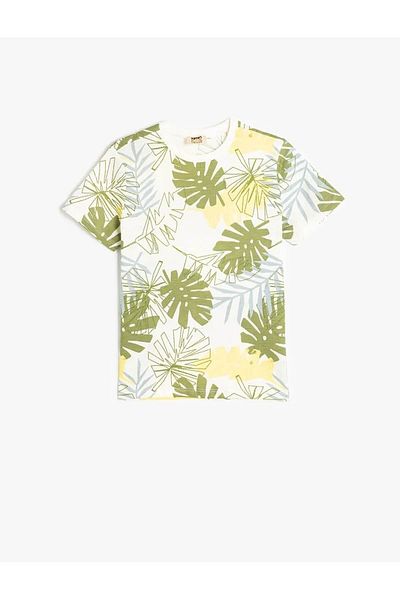 Koton Leaf Printed Cotton Short Sleeve Ecru Boy's T-Shirt 5Skb10107Tk