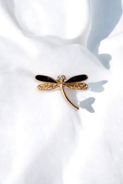 Trend aksesuar Siyah Mineli Gold Metal Yusufçuk Broş