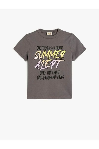 Koton Slogan Printed Crew Neck Short Sleeve Anthracite Boy's T-Shirt 5Skb10171Tk