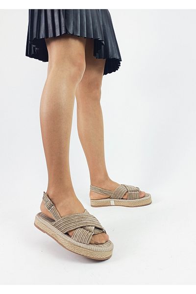 GDT Ayakkabı Gray Color Cross Banded Straw Knitwear Women's Black Sandals