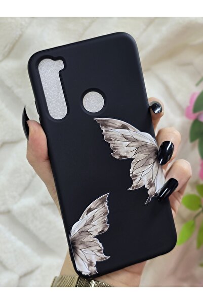 Magic Ring Xiaomi Redmi Note 8 Uyumlu Kelebek Baskılı İçi Kadife Siyah Silikon Telefon Kılıfı
