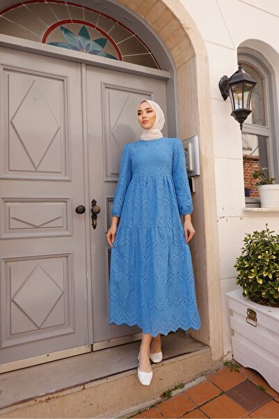 PİNK FLY Rochie lungă de damă din dantelă cu broderie albastră