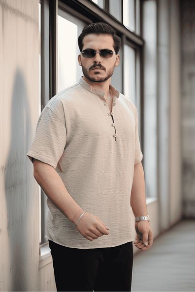 Valiberta Wes Oversize Half Placket Bamboo Short Sleeve Shirt - Beige