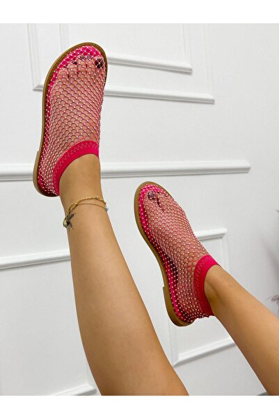 ERVANIN BUTİĞİ Sandale de damă din plasă cu detalii din piatră fucsia (Sparkle)