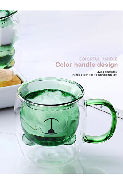 MUKKO HOME Çift Cidarlı Ayı Desenli Kulplu Borosilikat Cam Bardak – 250 ml, Isıya Dayanıklı