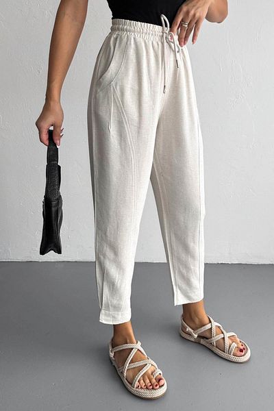 İstangül Butik Leg and Pocket Detail Cotton Linen Casual Pants