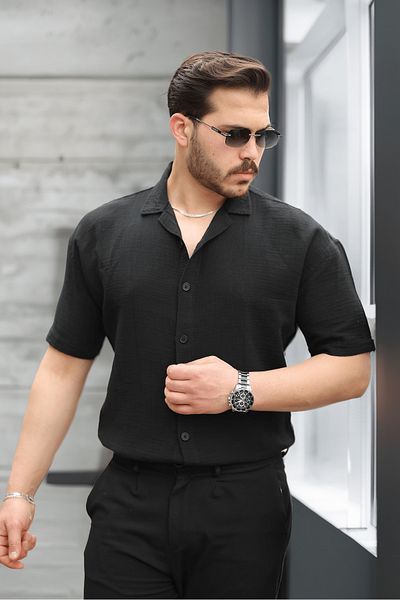 Valiberta Half Oversize Apache Collar Short Sleeve Muslin Fabric Men's Shirt - Black