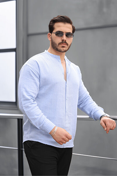 Valiberta Çizgili Müslin Kumaş Yarım Pat Erkek Gömlek - Mavi