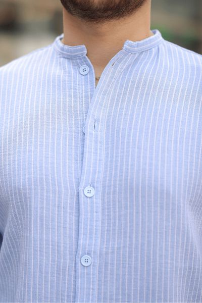 Valiberta Striped Muslin Fabric Half Placket Men's Shirt - Blue