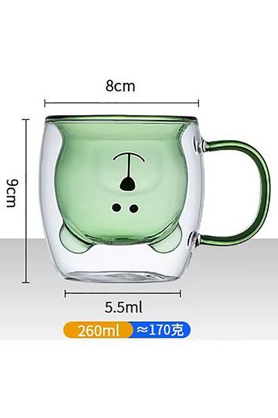 MUKKO HOME Double Wall Bear Patterned Borosilicate Glass Cup with Handle – 250 Ml, Heat Resistant