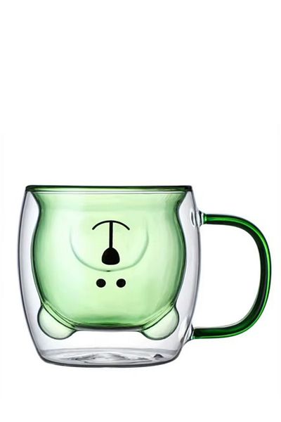 MUKKO HOME Double Wall Bear Patterned Borosilicate Glass Cup with Handle – 250 Ml, Heat Resistant