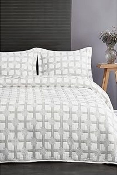 Mu Art Ahşap Shelby cotton striped bedspread set double (reversible) personality 3 pieces casual oversize light gray