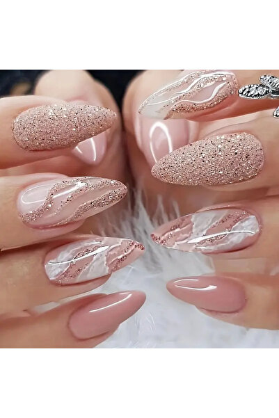 NAİL ART 24 Adet Pembe Simli Takma Tırnak Seti